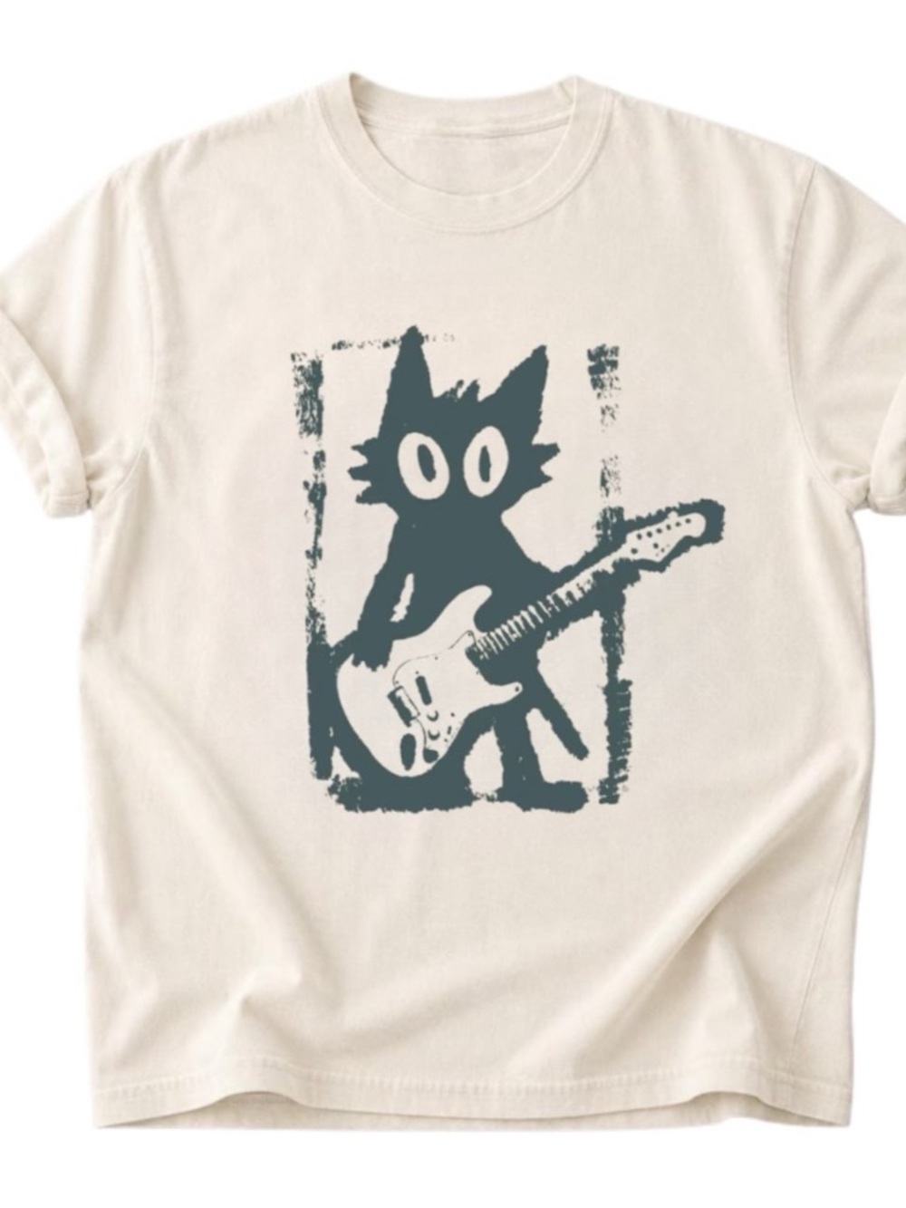 Off White Tee with Dark Teal Cat Guitar Graphic